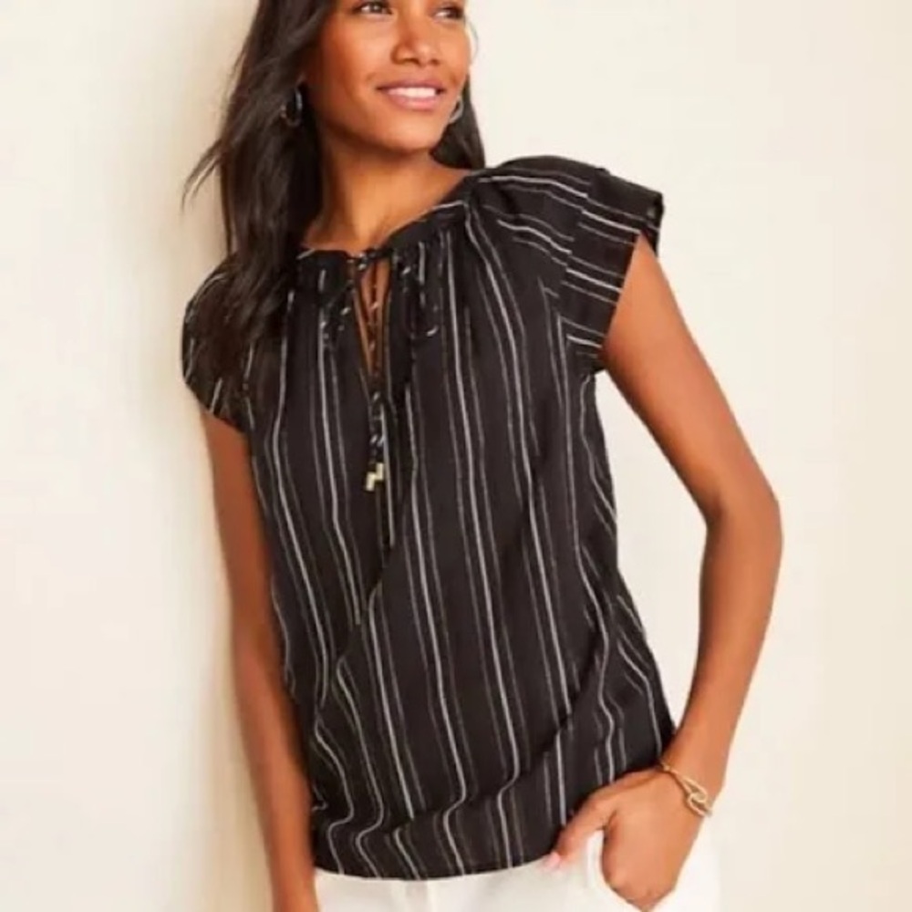 Ann Taylor Women’s Black White‎ Gold Metallic Stripe Flutter Sleeve Tie Neck Top